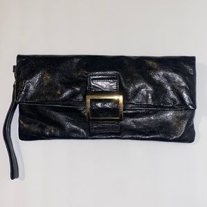 SABINA Black Leather Foldover Clutch with Good Buckle